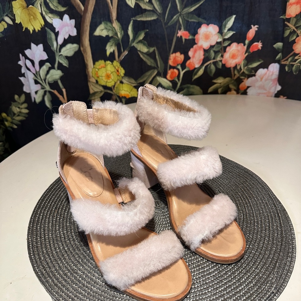 UGG Pink Fur Strap Heels - Size 7